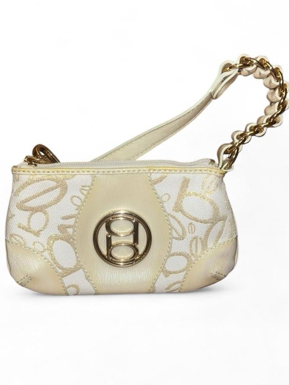 Bebe Cream & Gold Monogram Mini Shoulder Bag Y2K Purse Gold Chain Handbag